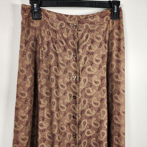 Woolrich Womens Long Maxi Skirt Medium Camel Purple Paisley Rayon Button Front - Picture 3 of 10